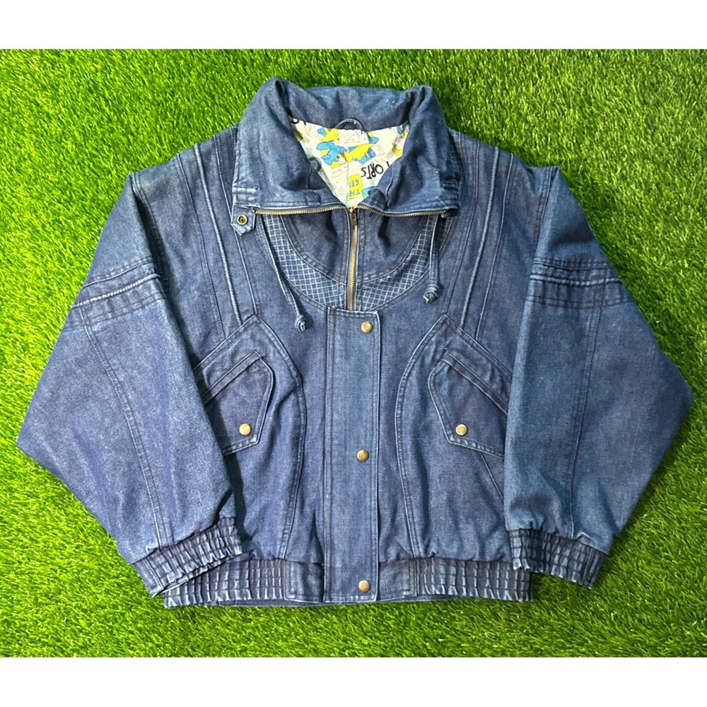 Vintage Oversized S Denim Jacket Lined‎ in Sports Comic Style Fabric 90s